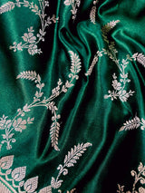 Semi Pure Dark Green Soft Mashru Silk handloom Saree with Muted Gold Banarasi Border and Pallu - Banarasi Mashru Silk Saree - Kaash