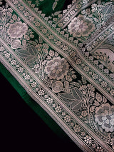 Semi Pure Dark Green Soft Mashru Silk handloom Saree with Muted Gold Banarasi Border and Pallu - Banarasi Mashru Silk Saree - Kaash