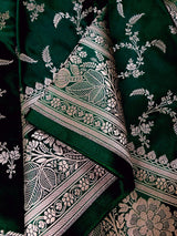 Semi Pure Dark Green Soft Mashru Silk handloom Saree with Muted Gold Banarasi Border and Pallu - Banarasi Mashru Silk Saree - Kaash