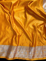 Semi Pure Turmeric Yellow Color Soft Mashru Silk handloom Tanchoi Saree with Gold Banarasi Border and Pallu - Banarasi Mashru Silk Saree - Kaash