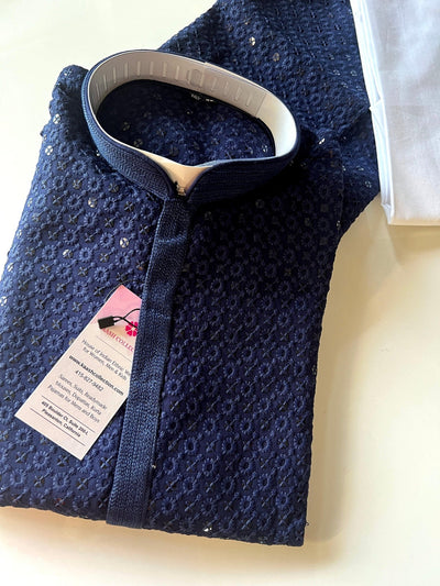 Royal Blue men's kurta pajama in premium georgette with sequin & chikankari embroidery — Kaash Collection