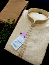 Silk Cream Gold Men Kurta Pajama with Embossed Weave Work - Kaash