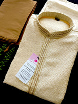 Silk Cream Gold Men Kurta Pajama with Embossed Weave Work - Kaash