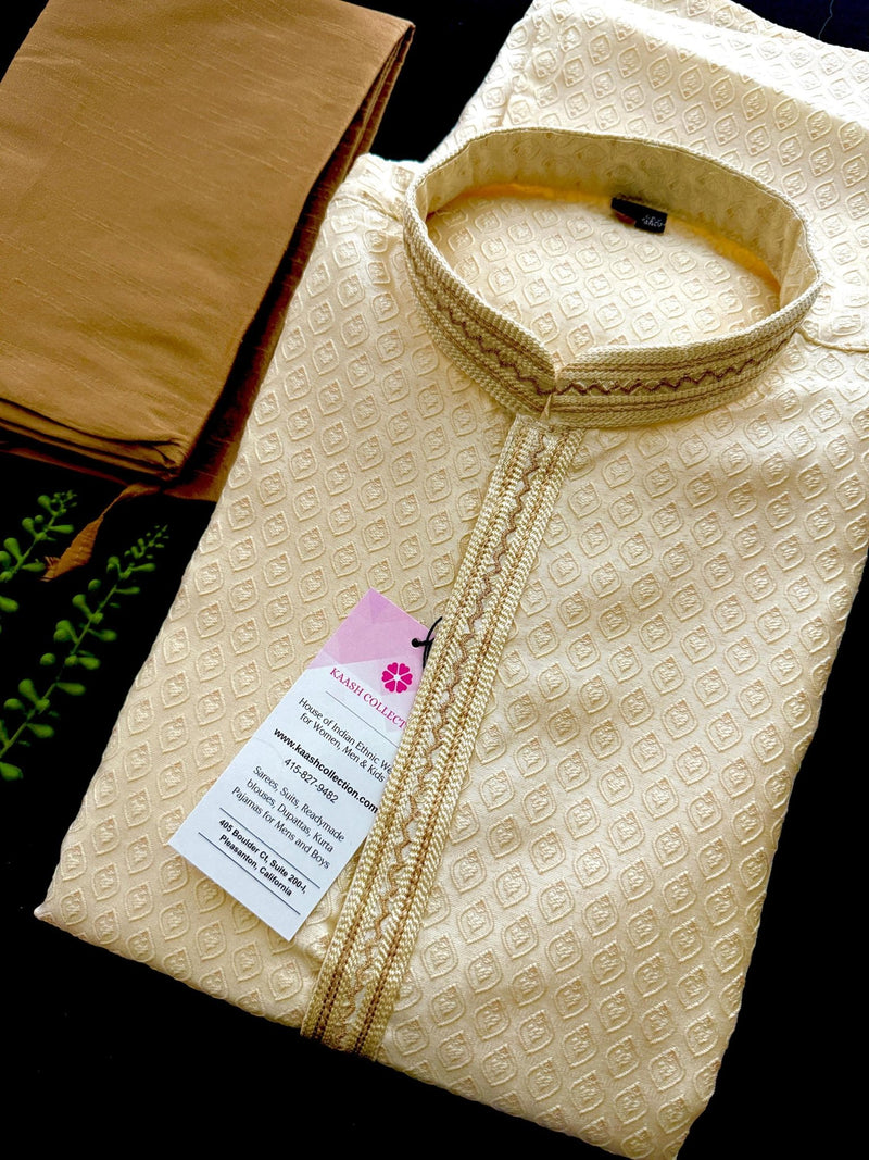 Silk Cream Gold Men Kurta Pajama with Embossed Weave Work - Kaash