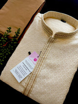 Silk Cream Gold Men Kurta Pajama with Embossed Weave Work - Kaash