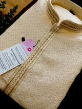 Silk Cream Gold Men Kurta Pajama with Embossed Weave Work - Kaash