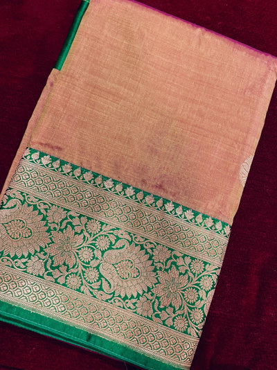 Silk Mark Certified Rose Gold with Green Border saree in pure katan silk with gold & zari with green border — Kaash Collection