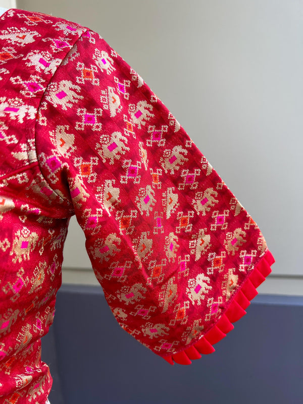Size 36 | Red Readymade Blouse with Elephant and Peacock Motifs in Silk | Ready to Wear Blouses | Red Color Blouse | Stitched Blouse - Kaash