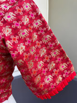 Size 36 – Red Readymade Blouse with Elephant and Peacock Motifs in Silk - Kaash