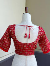 Size 36 – Red Readymade Blouse with Elephant and Peacock Motifs in Silk - Kaash