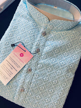 Sky Blue men's kurta pajama in georgette with lucknowi chikankari embroidery — Kaash Collection