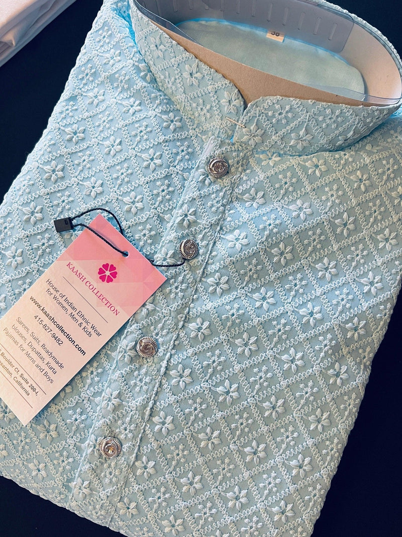 Sky Blue men's kurta pajama in georgette with lucknowi chikankari embroidery — Kaash Collection