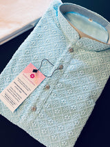 Sky Blue men's kurta pajama in georgette with lucknowi chikankari embroidery — Kaash Collection