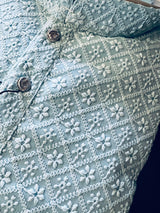 Sky Blue men's kurta pajama in georgette with lucknowi chikankari embroidery — Kaash Collection