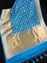 Sky Blue Color Banarasi Silk Shikargah Saree - Muted gold Zari Weave Work - Shikargah Saree - Elephant and Peacock Motif - Wide Border Saree - Kaash
