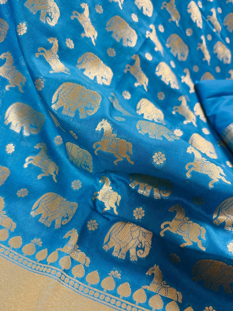 Sky Blue Color Banarasi Silk Shikargah Saree - Muted gold Zari Weave Work - Shikargah Saree - Elephant and Peacock Motif - Wide Border Saree - Kaash