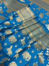 Sky Blue Color Banarasi Silk Shikargah Saree - Muted gold Zari Weave Work - Shikargah Saree - Elephant and Peacock Motif - Wide Border Saree - Kaash