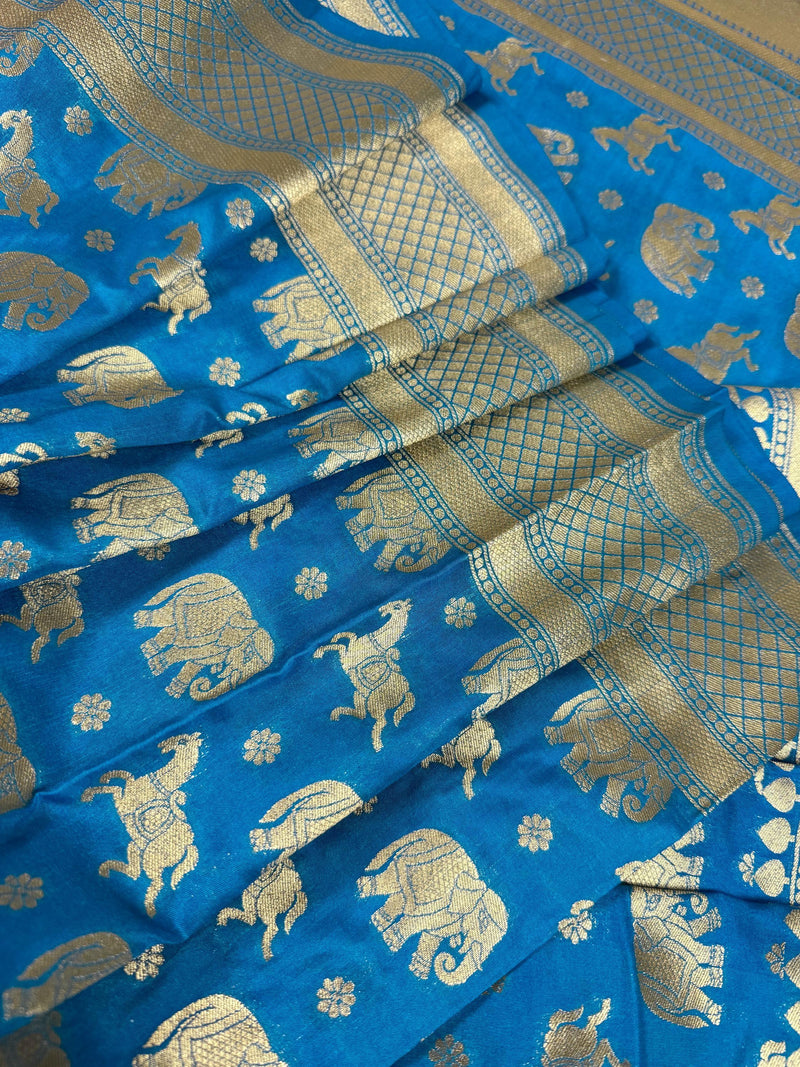 Sky Blue Color Banarasi Silk Shikargah Saree - Muted gold Zari Weave Work - Shikargah Saree - Elephant and Peacock Motif - Wide Border Saree - Kaash