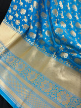 Sky Blue Color Banarasi Silk Shikargah Saree - Muted gold Zari Weave Work - Shikargah Saree - Elephant and Peacock Motif - Wide Border Saree - Kaash