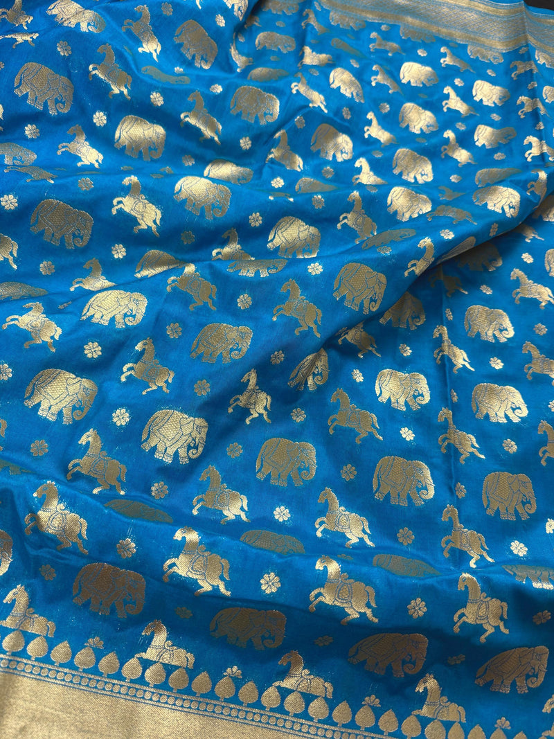 Sky Blue Color Banarasi Silk Shikargah Saree - Muted gold Zari Weave Work - Shikargah Saree - Elephant and Peacock Motif - Wide Border Saree - Kaash