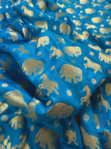 Sky Blue Color Banarasi Silk Shikargah Saree - Muted gold Zari Weave Work - Shikargah Saree - Elephant and Peacock Motif - Wide Border Saree - Kaash