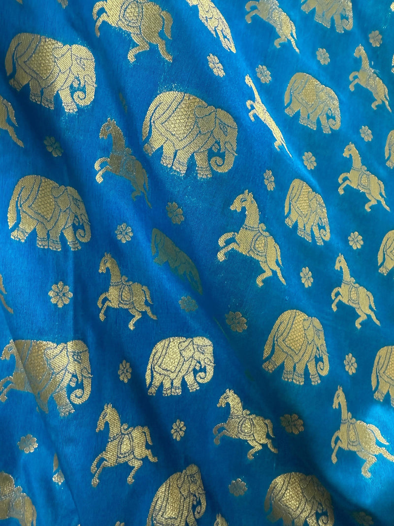 Sky Blue Color Banarasi Silk Shikargah Saree - Muted gold Zari Weave Work - Shikargah Saree - Elephant and Peacock Motif - Wide Border Saree - Kaash