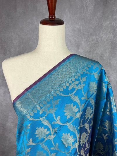 Sky Blue Banarasi Floral dupatta in banarasi silk (non-pure) with floral jaal with muted gold zari — Kaash Collection