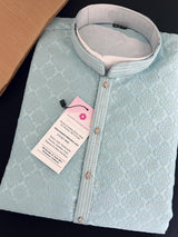 Sky Blue men's kurta pajama in premium silk blend with self-woven design with zari buttis — Kaash Collection