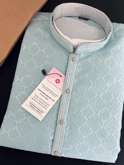 Sky Blue men's kurta pajama in premium silk blend with self-woven design with zari buttis — Kaash Collection