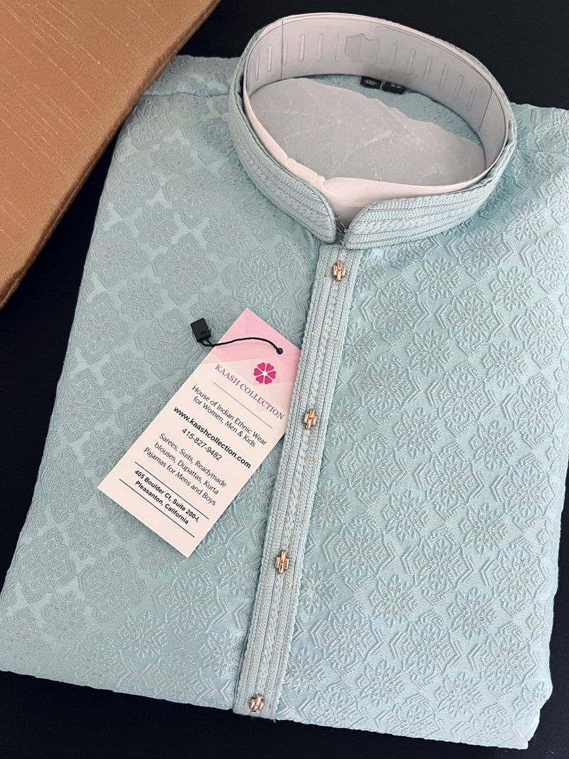 Sky Blue men's kurta pajama in premium silk blend with self-woven design with zari buttis — Kaash Collection