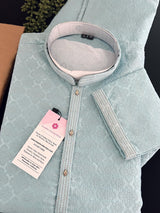 Sky Blue men's kurta pajama in premium silk blend with self-woven design with zari buttis — Kaash Collection