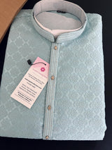 Sky Blue men's kurta pajama in premium silk blend with self-woven design with zari buttis — Kaash Collection
