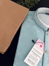 Sky Blue men's kurta pajama in premium silk blend with self-woven design with zari buttis — Kaash Collection