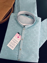 Sky Blue Color Men Kurta Pajama with Embossed Pattern with small Zari Zari Weave work and Self Embroidery | Sherwani Style Kurta - Kaash