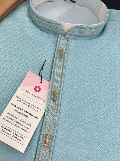 Sky Blue men's kurta pajama in soft silk with small zari weaving with embroidery — Kaash Collection