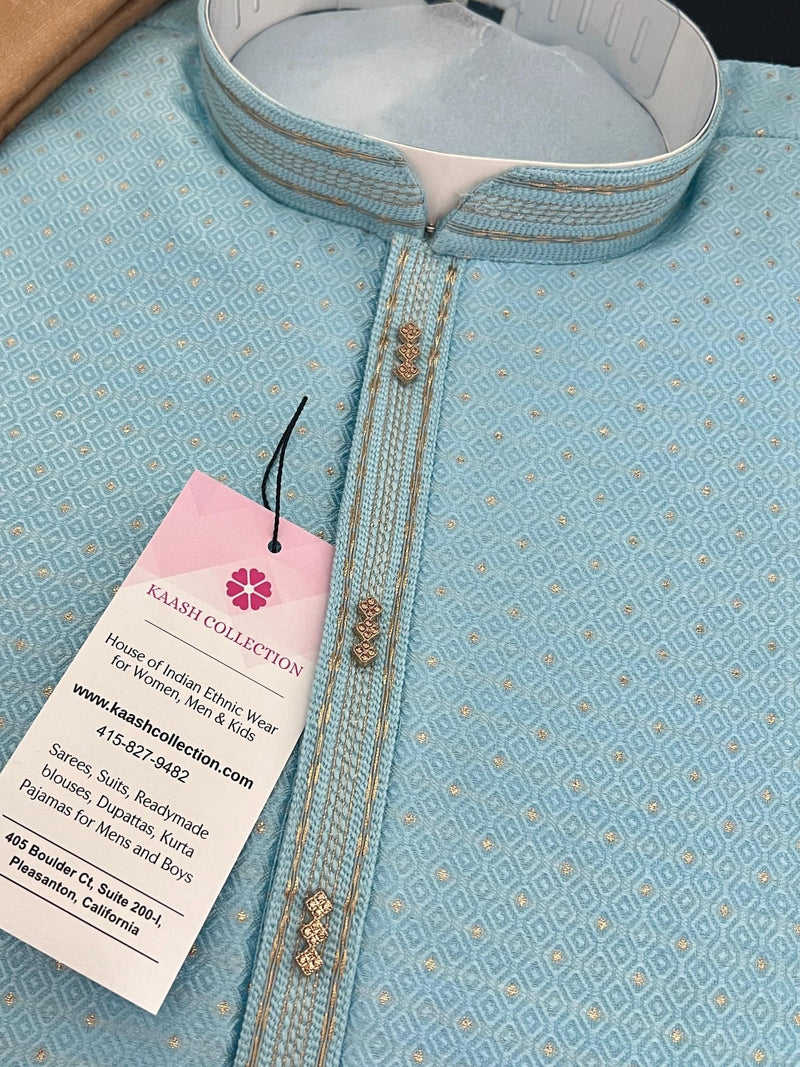 Sky Blue men's kurta pajama in soft silk with small zari weaving with embroidery — Kaash Collection
