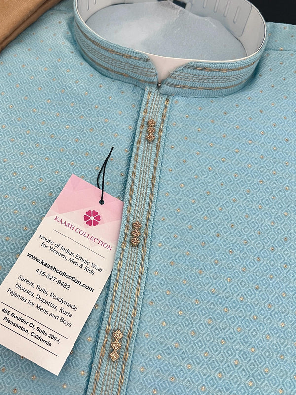 Sky Blue Color Men Kurta Pajama with Weave and Zari Work | Mens Ethnic Wear | Sherwani Style Kurta for Wedding - Kaash