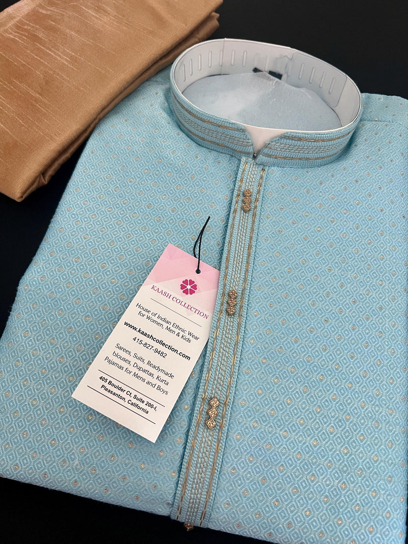 Sky Blue Color Men Kurta Pajama with Weave and Zari Work | Mens Ethnic Wear | Sherwani Style Kurta for Wedding - Kaash