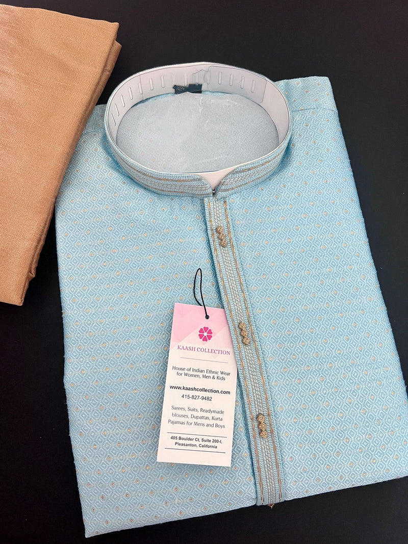 Sky Blue Color Men Kurta Pajama with Weave and Zari Work | Mens Ethnic Wear | Sherwani Style Kurta for Wedding - Kaash