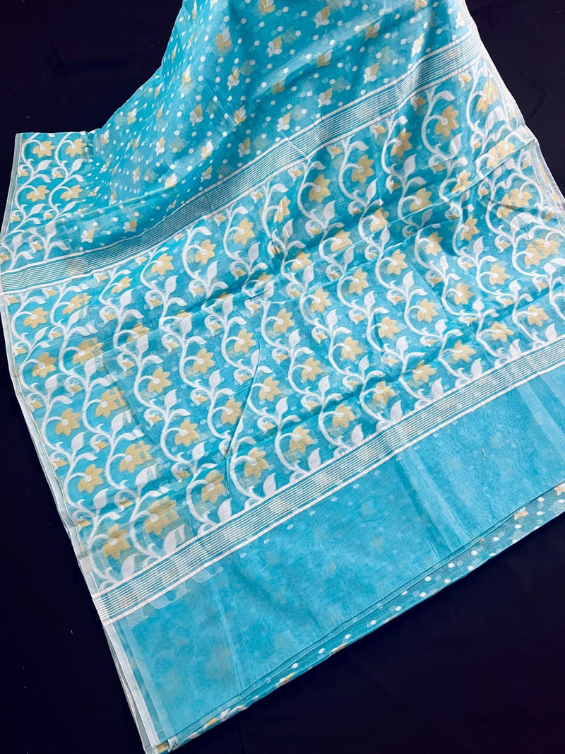 Sky Blue Muslin Bengali Jamdani saree in muslin with traditional bengali jamdani on muslin — Kaash Collection
