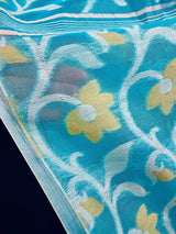Sky Blue Muslin Bengali Jamdani saree in muslin with traditional bengali jamdani on muslin — Kaash Collection
