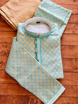 Sky Blue Soft Raw Silk designer Men Kurta Pajama with Self Design material with facy buttons - Kaash