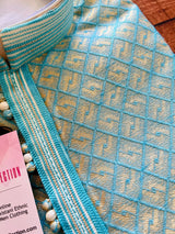 Sky Blue Soft Raw Silk designer Men Kurta Pajama with Self Design material with facy buttons - Kaash