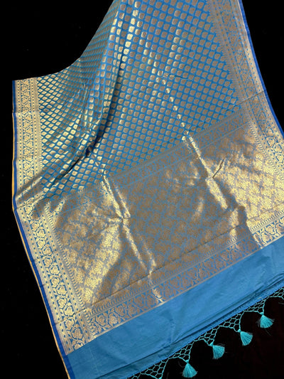 Sky Blue with Beige Gold (Half-and-Half) Banarasi saree in banarasi silk with half and half (aadha-aadha) design — Kaash Collection