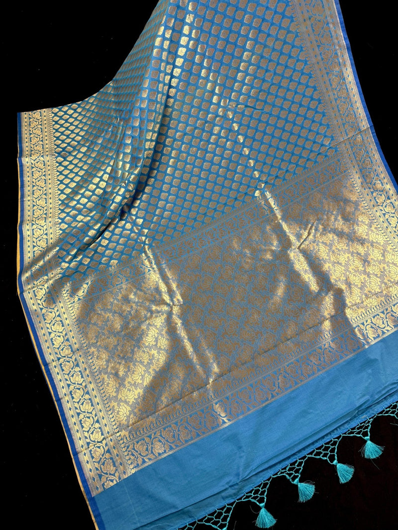 Sky Blue with Beige Gold (Half-and-Half) Banarasi saree in banarasi silk with half and half (aadha-aadha) design — Kaash Collection