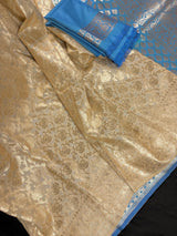 Sky Blue with Beige Gold (Half-and-Half) Banarasi saree in banarasi silk with half and half (aadha-aadha) design — Kaash Collection