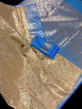 Sky Blue with Beige Gold (Half-and-Half) Banarasi saree in banarasi silk with half and half (aadha-aadha) design — Kaash Collection
