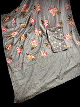 Slate Grey Lucknowi Banarasi saree in soft satin silk with floral print with lucknowi embroidery & crochet lace — Kaash Collection