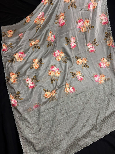 Slate Grey Lucknowi Banarasi saree in soft satin silk with floral print with lucknowi embroidery & crochet lace — Kaash Collection