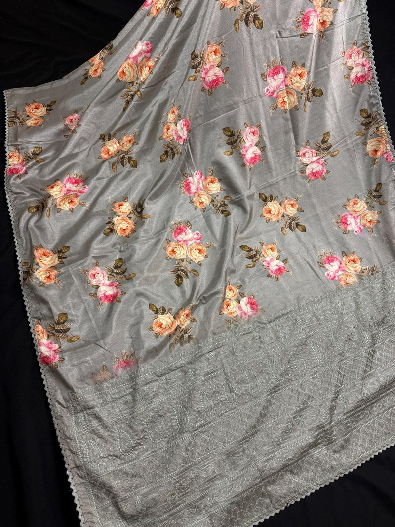 Slate Grey Lucknowi Banarasi saree in soft satin silk with floral print with lucknowi embroidery & crochet lace — Kaash Collection